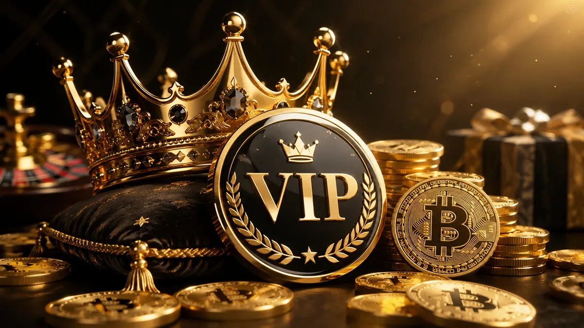 Корона или VIP-значок на фоне монет Символ VIP-статуса без вейджера в биткоин-казино