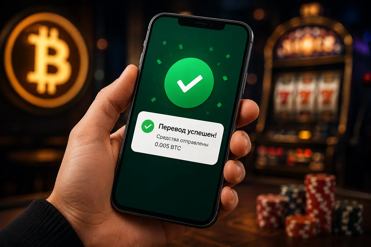 Рука держит смартфон с зелёной галочкой и уведомлением об успешном переводе Символ быстрой выплаты в биткоин-казино