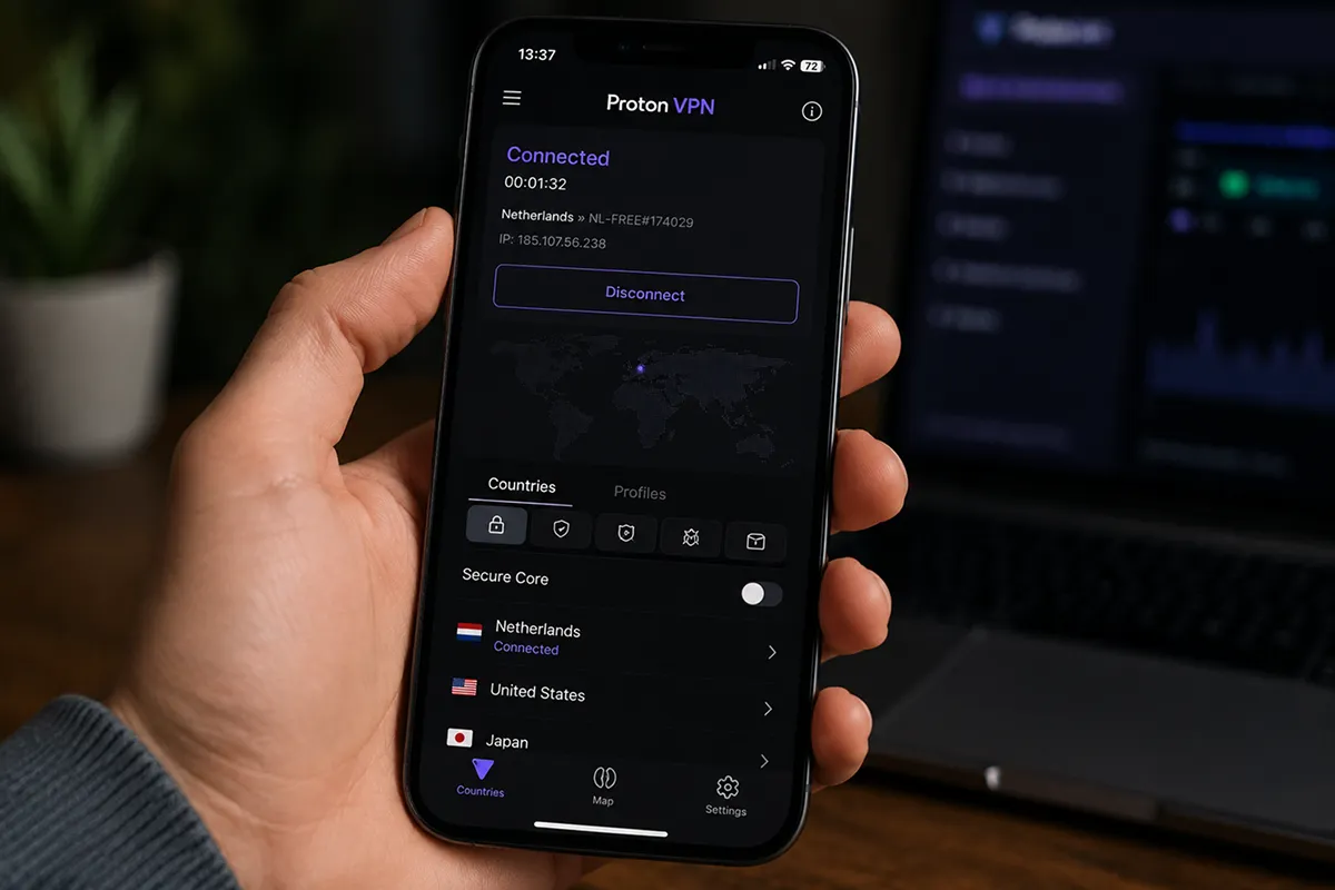 Интерфейса VPN-приложения (например, ProtonVPN) с активным подключением к серверу Подключение к серверу в VPN-приложении