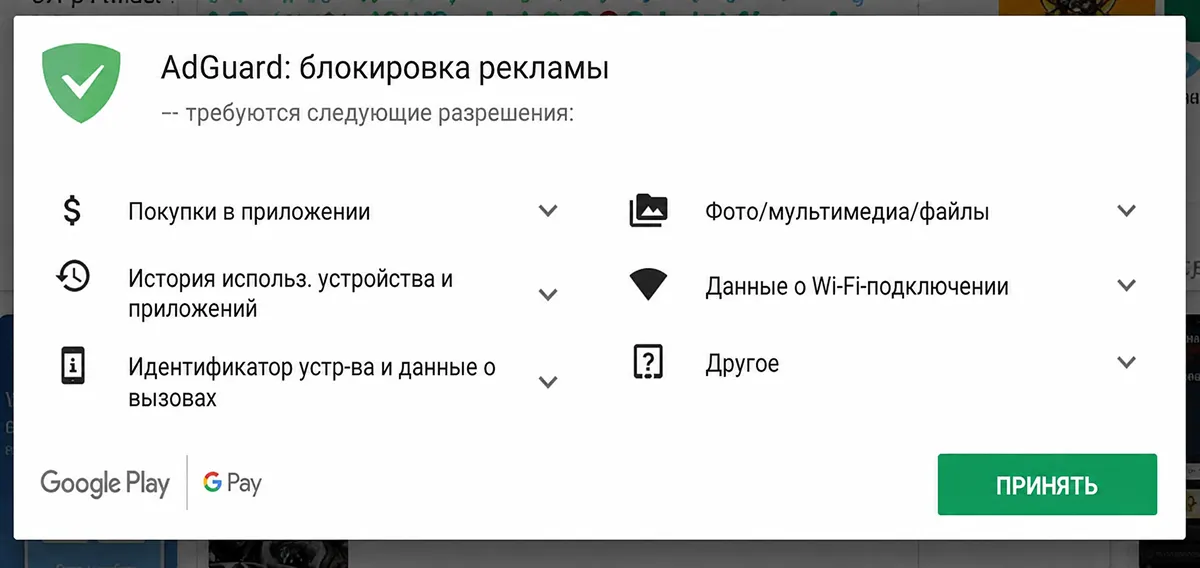 Список запрошенных разрешений при установке приложения на Android