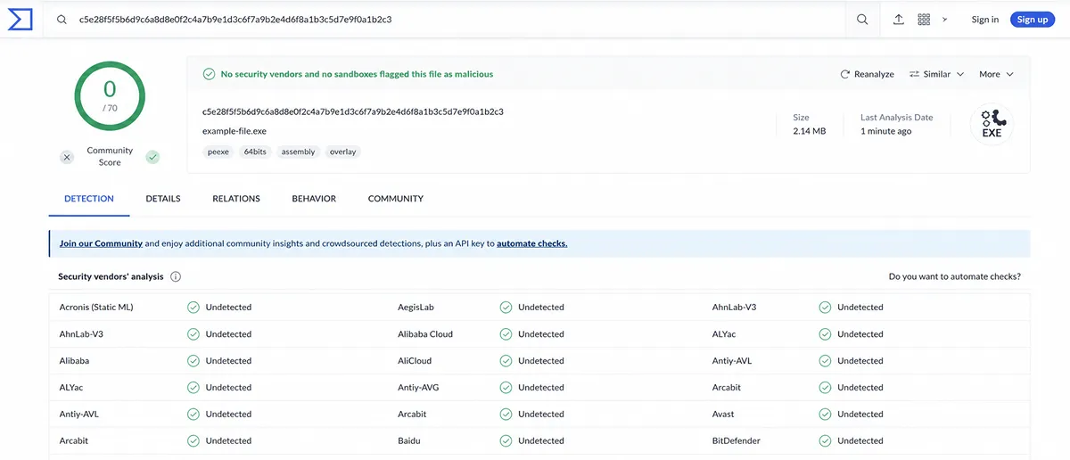 Результат проверки файла на вирусы на сайте VirusTotal
