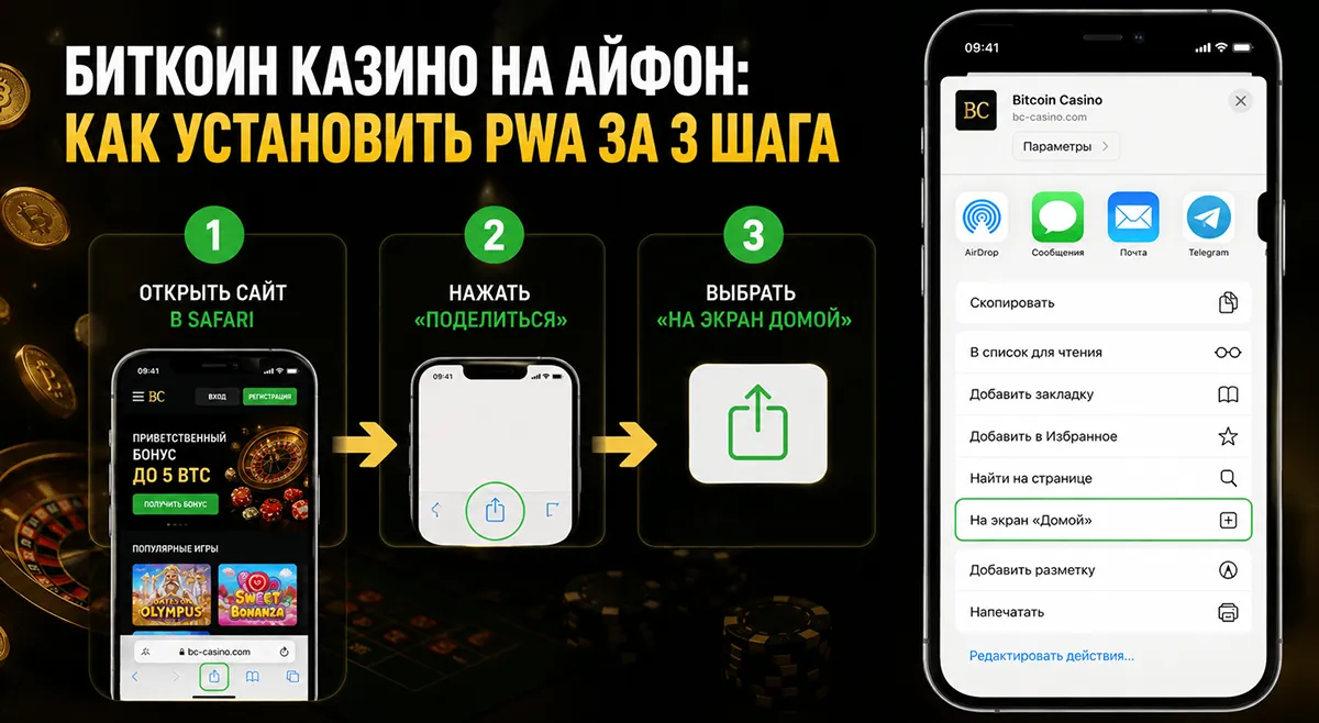 Установка PWA через меню «Поделиться» в Safari на iPhone