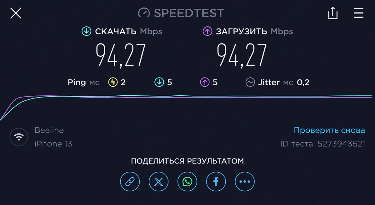 Результат теста скорости интернет-соединения в приложении Speedtest