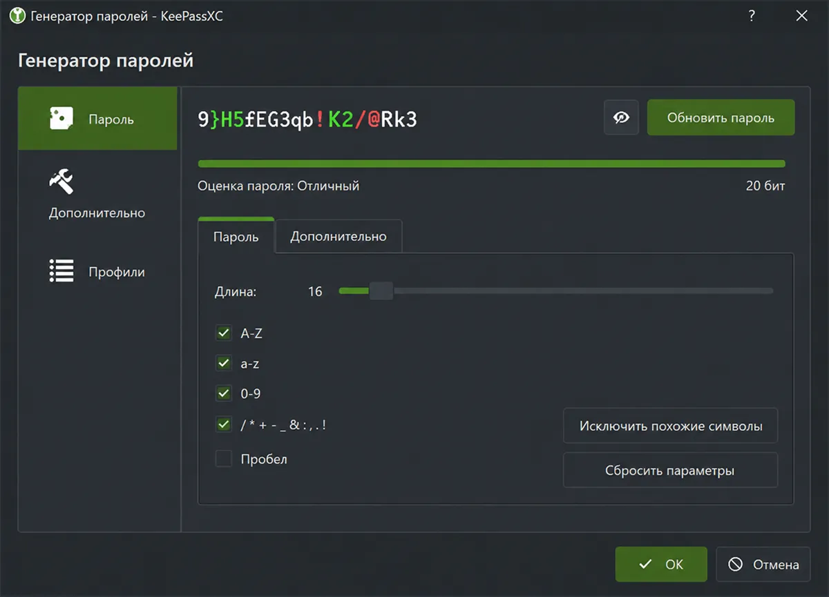 Генератора паролей в приложении Bitwarden или KeePassXC Генератор надёжного пароля в менеджере паролей Bitwarden