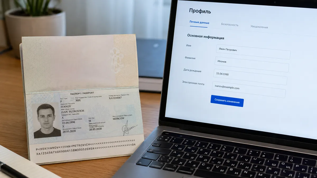 Открытый паспорт на развороте с ФИО рядом с экраном ноутбука, где видна форма профиля с полем «Имя» Сверка настоящего имени в паспорте с профилем при регистрации