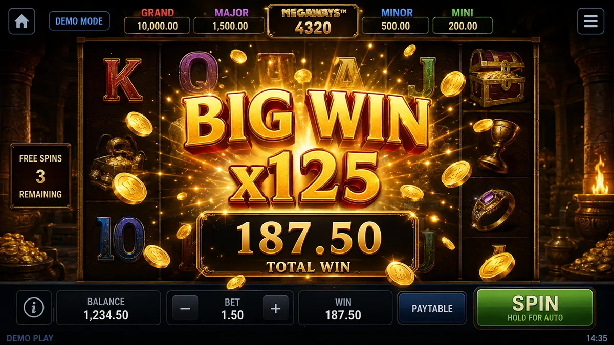 Экрана крупного выигрыша (Big Win) с множителем на публичной демо-версии слота Экран крупного выигрыша в демо-режиме слота