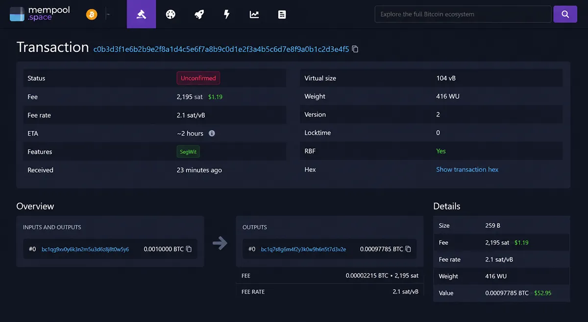 Транзакция со статусом Unconfirmed в очереди mempool.space