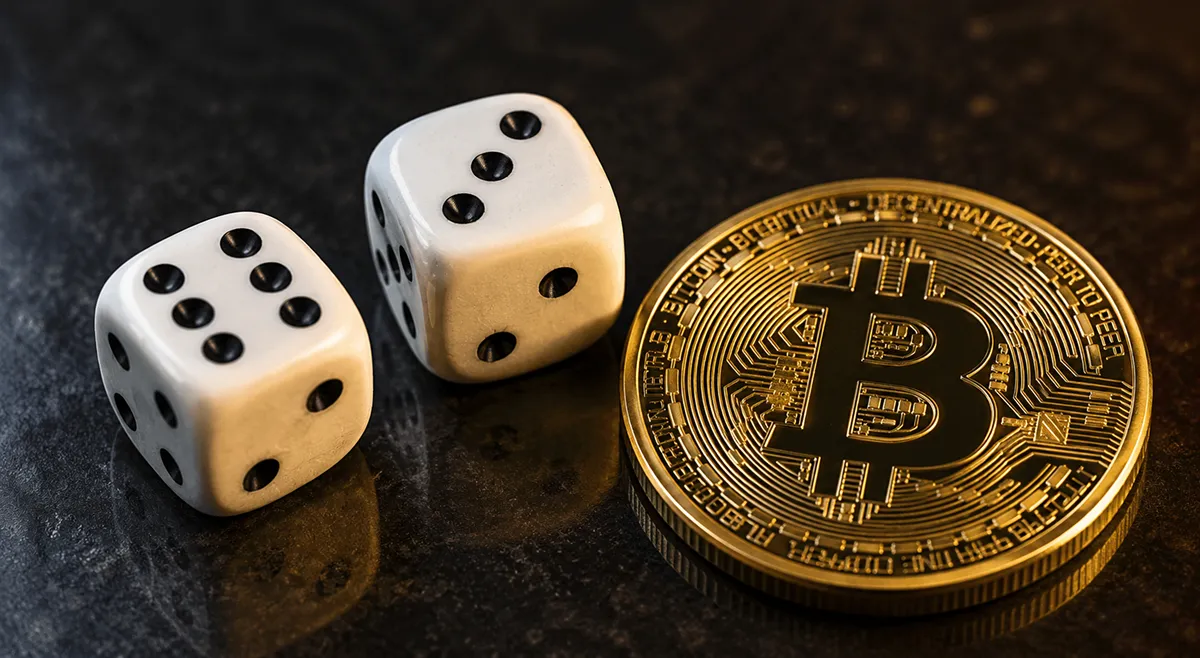 Игральные кости рядом с монетой Bitcoin Игра Dice на кран-сатоши в биткоин-казино