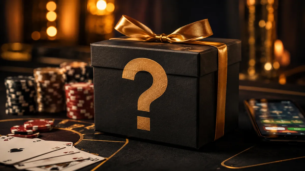 Подарочная коробка с большим знаком вопроса (?) на упаковке Символ Mystery Box в приветственном бонусе