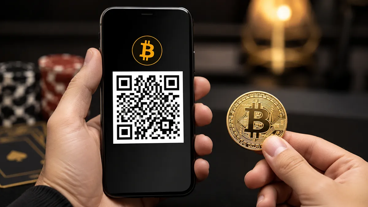 Рука держит смартфон с QR-кодом на экране, рядом физическая монета Bitcoin (реквизит) QR-код для депозита Bitcoin на экране смартфона