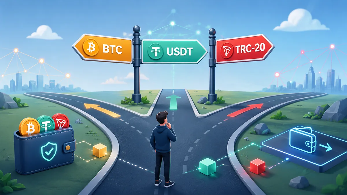 Развилка дорог с указателями разных сетей (BTC, USDT, TRC-20) Символ выбора правильной сети при переводе криптовалюты