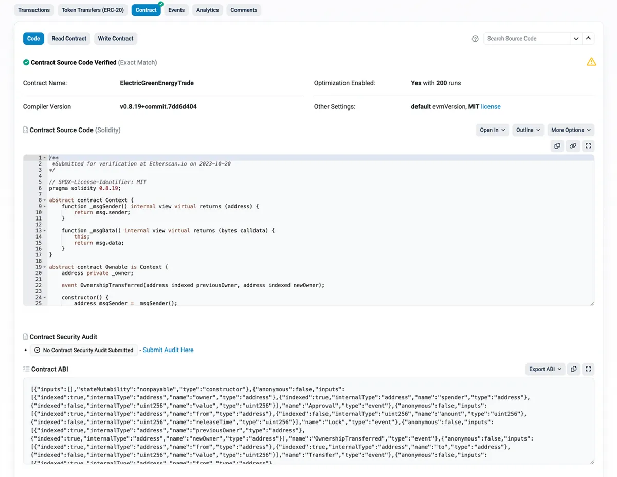 Страницы контракта в блокчейн-эксплорере (Etherscan или Solscan) с отметкой Contract Source Code… Верификация смарт-контракта в блокчейн-эксплорере